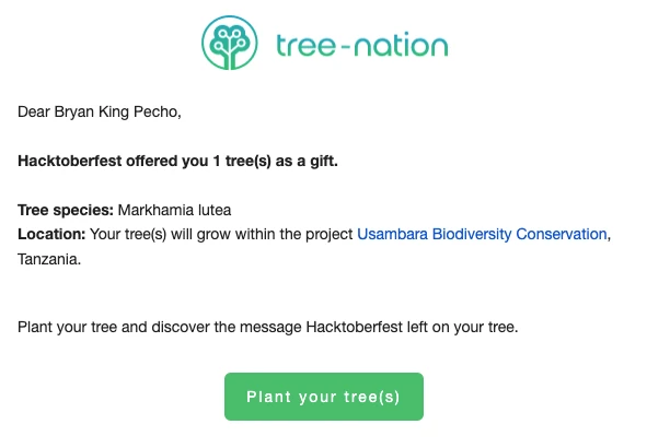 Tree-Nation planting certificate.
